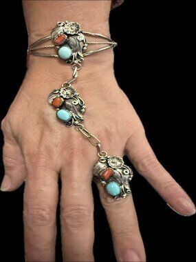 Native American Navajo Turquoise Coral Sterling Slave Bracelet Cuff w Ring